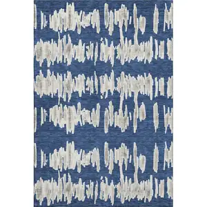 Photo of Navy Blue And Beige Striped Washable Area Rug With UV Protection