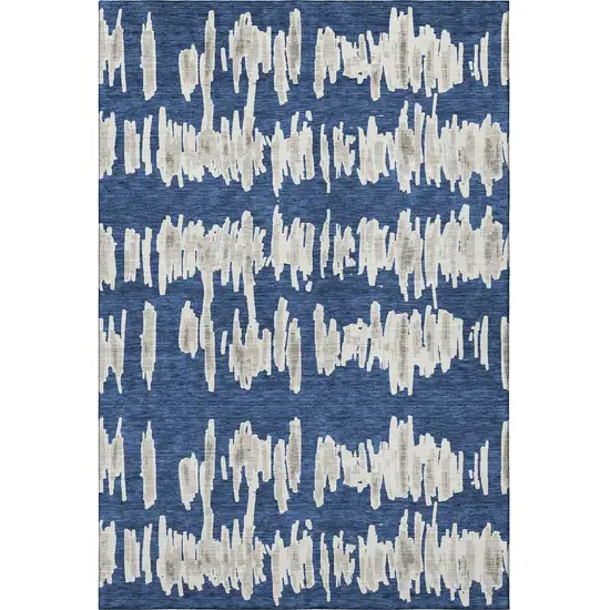 Navy Blue And Beige Striped Washable Area Rug With UV Protection Photo 3