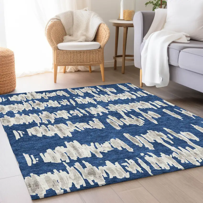 Navy Blue And Beige Striped Washable Area Rug With UV Protection Photo 4