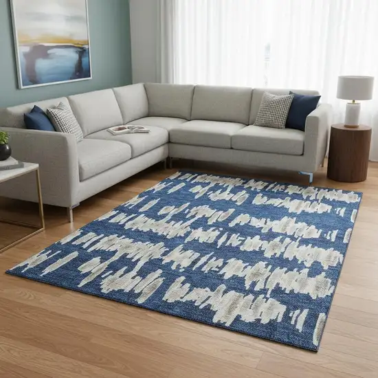 Navy Blue And Beige Striped Washable Area Rug With UV Protection Photo 2