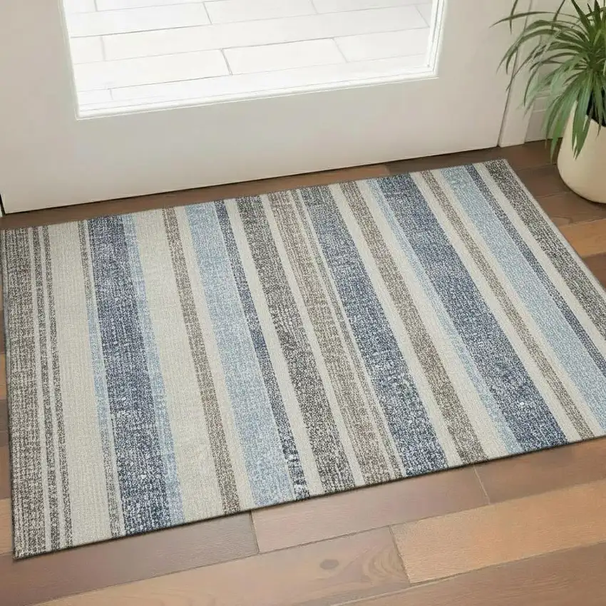 Navy Blue And Beige Striped Washable Area Rug With UV Protection Photo 2