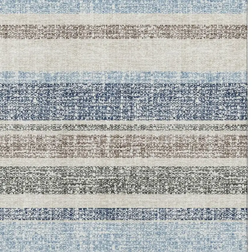 Navy Blue And Beige Striped Washable Area Rug With UV Protection Photo 3