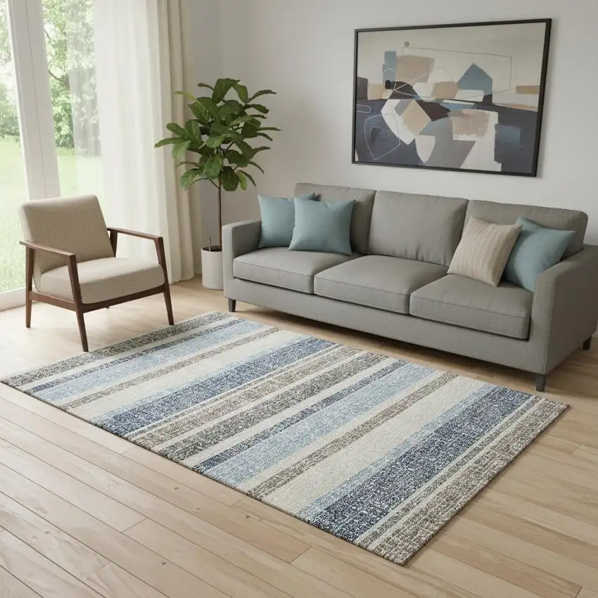 Navy Blue And Beige Striped Washable Area Rug With UV Protection Photo 2