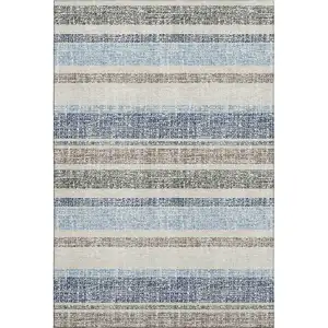 Photo of Navy Blue And Beige Striped Washable Area Rug With UV Protection