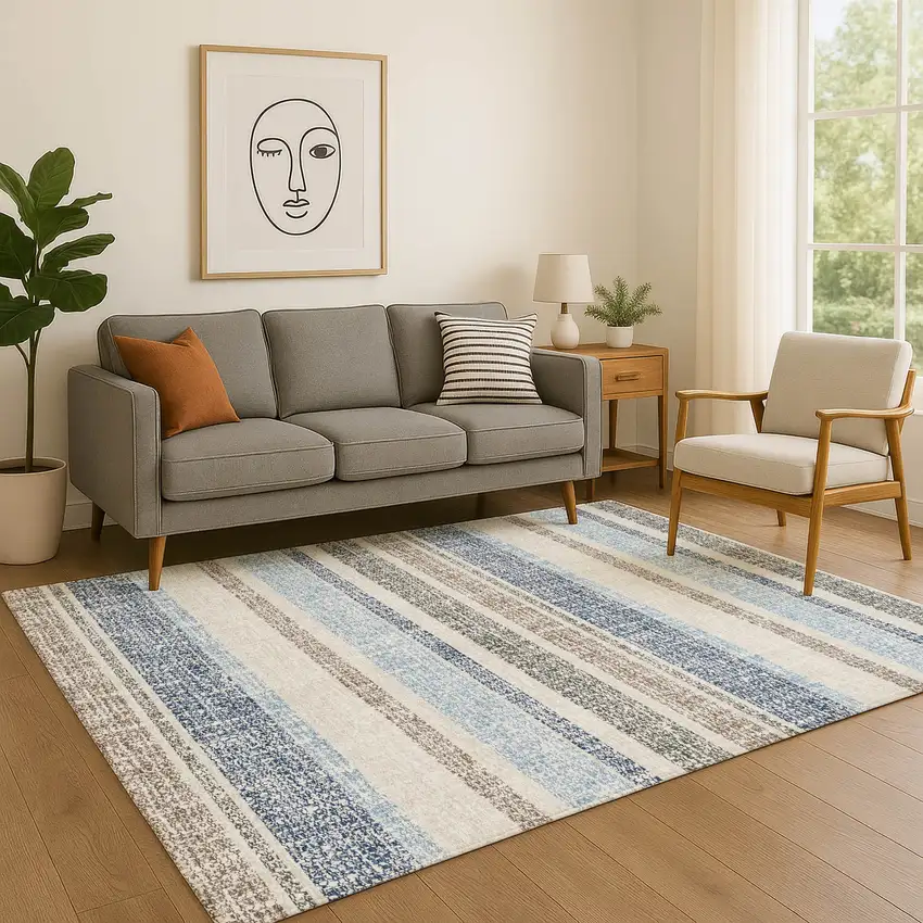 Navy Blue And Beige Striped Washable Area Rug With UV Protection Photo 5