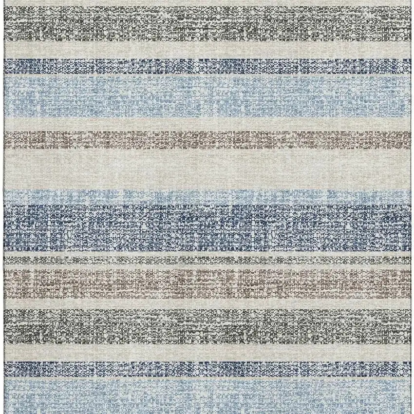 Navy Blue And Beige Striped Washable Area Rug With UV Protection Photo 3