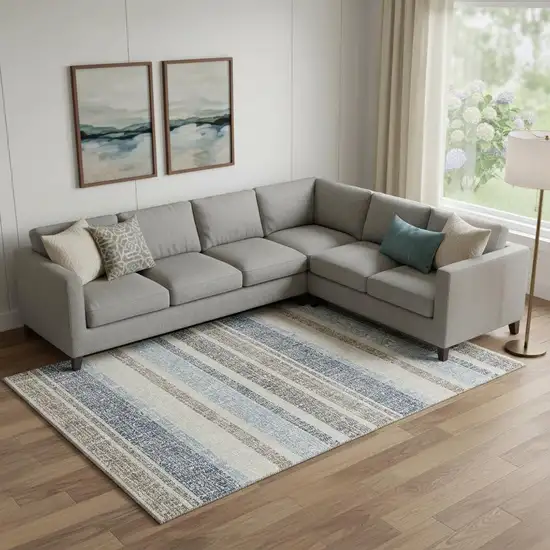 Navy Blue And Beige Striped Washable Area Rug With UV Protection Photo 2