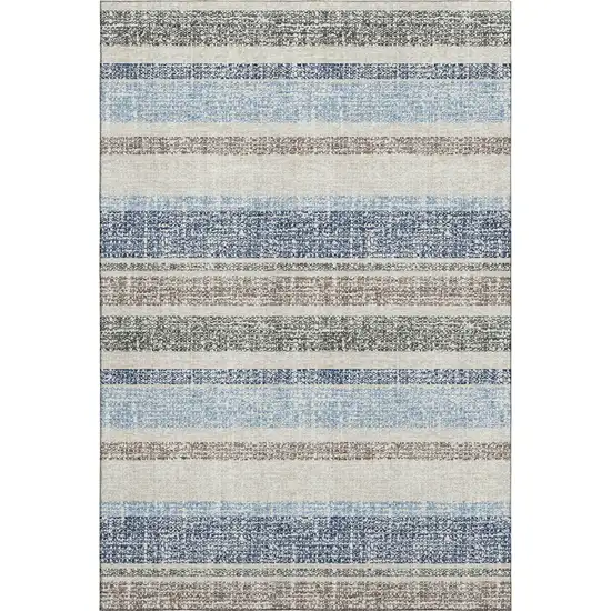 Navy Blue And Beige Striped Washable Area Rug With UV Protection Photo 1
