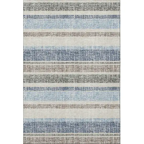 Navy Blue And Beige Striped Washable Area Rug With UV Protection Photo 4
