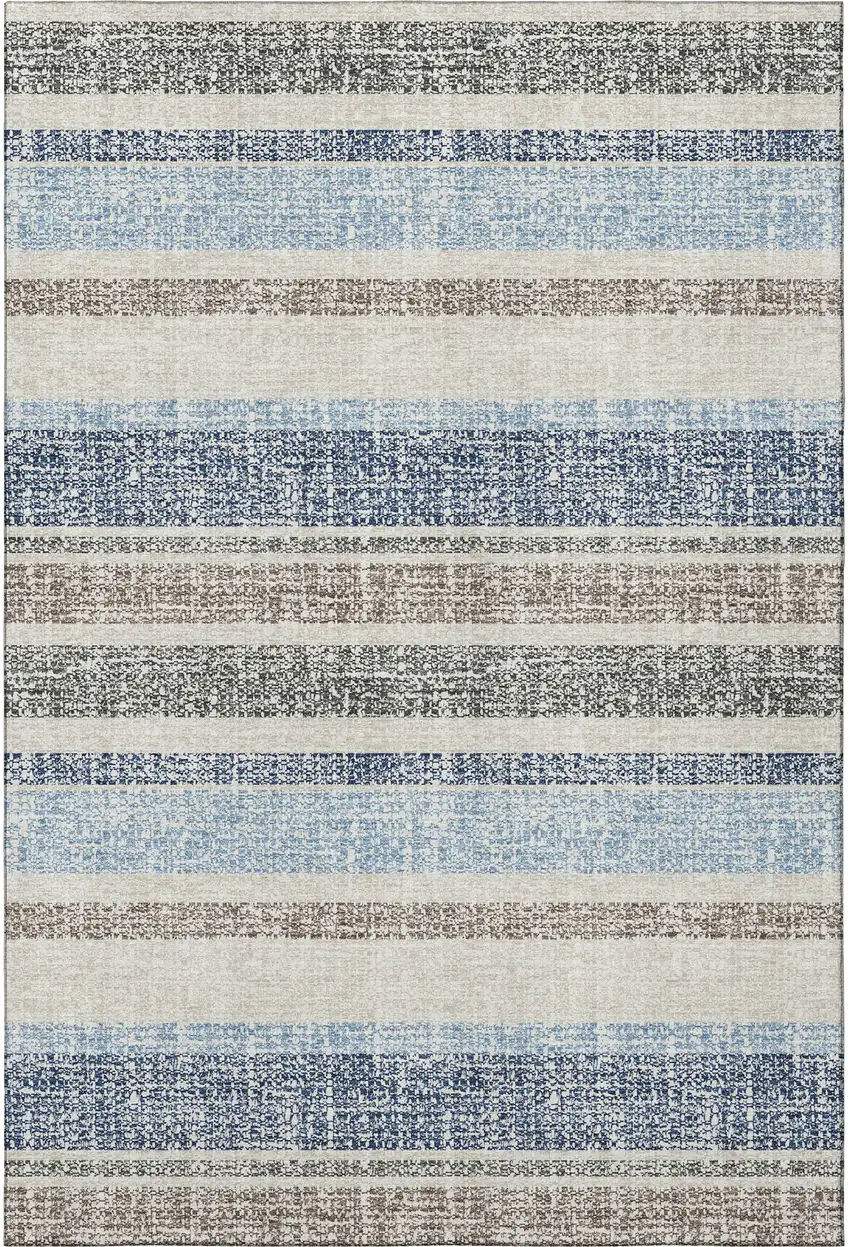 Navy Blue And Beige Striped Washable Area Rug With UV Protection Photo 4