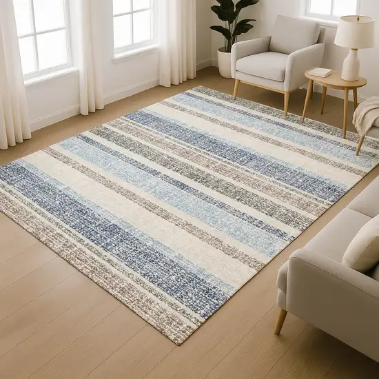 Navy Blue And Beige Striped Washable Area Rug With UV Protection Photo 6