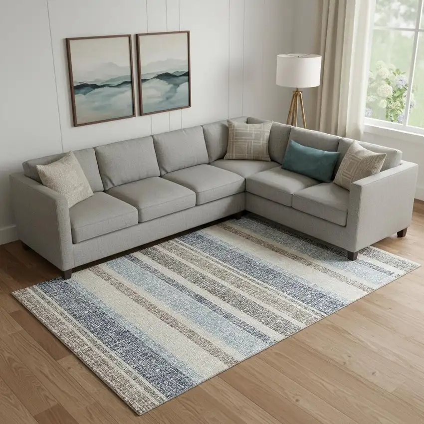 Navy Blue And Beige Striped Washable Area Rug With UV Protection Photo 2