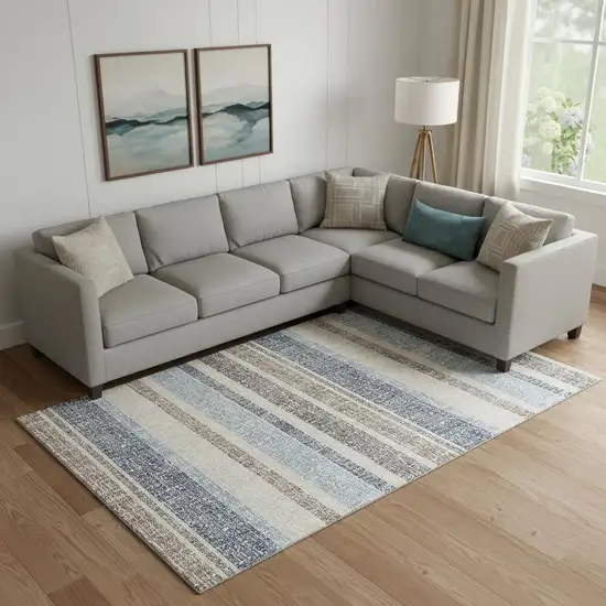 Navy Blue And Beige Striped Washable Area Rug With UV Protection Photo 2