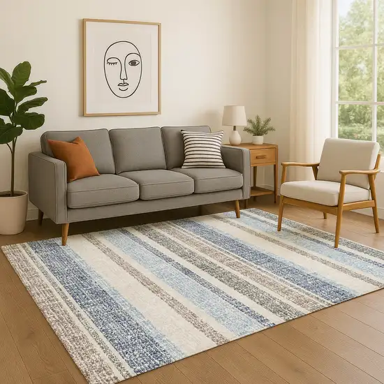 Navy Blue And Beige Striped Washable Area Rug With UV Protection Photo 5