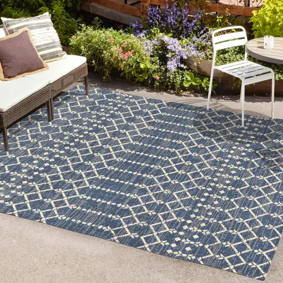 Navy Blue And Beige Trellis Indoor Outdoor Area Rug Photo 9
