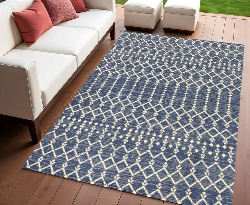 Navy Blue And Beige Trellis Indoor Outdoor Area Rug Photo 1