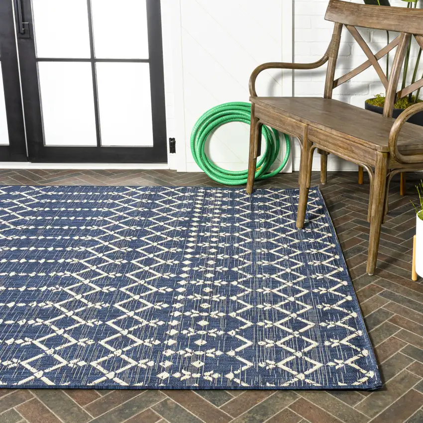 Navy Blue And Beige Trellis Indoor Outdoor Area Rug Photo 9