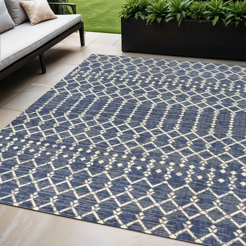 Navy Blue And Beige Trellis Indoor Outdoor Area Rug Photo 1