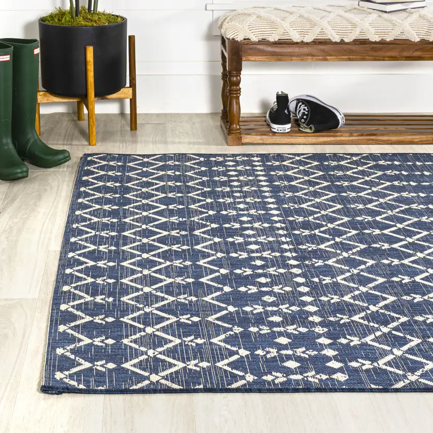 Navy Blue And Beige Trellis Indoor Outdoor Area Rug Photo 6