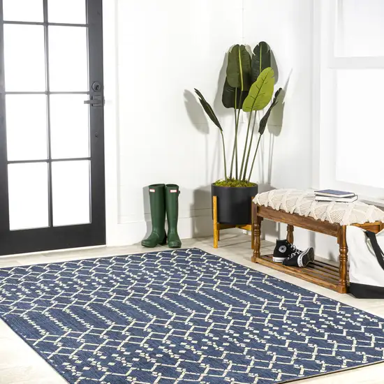 Navy Blue And Beige Trellis Indoor Outdoor Area Rug Photo 8