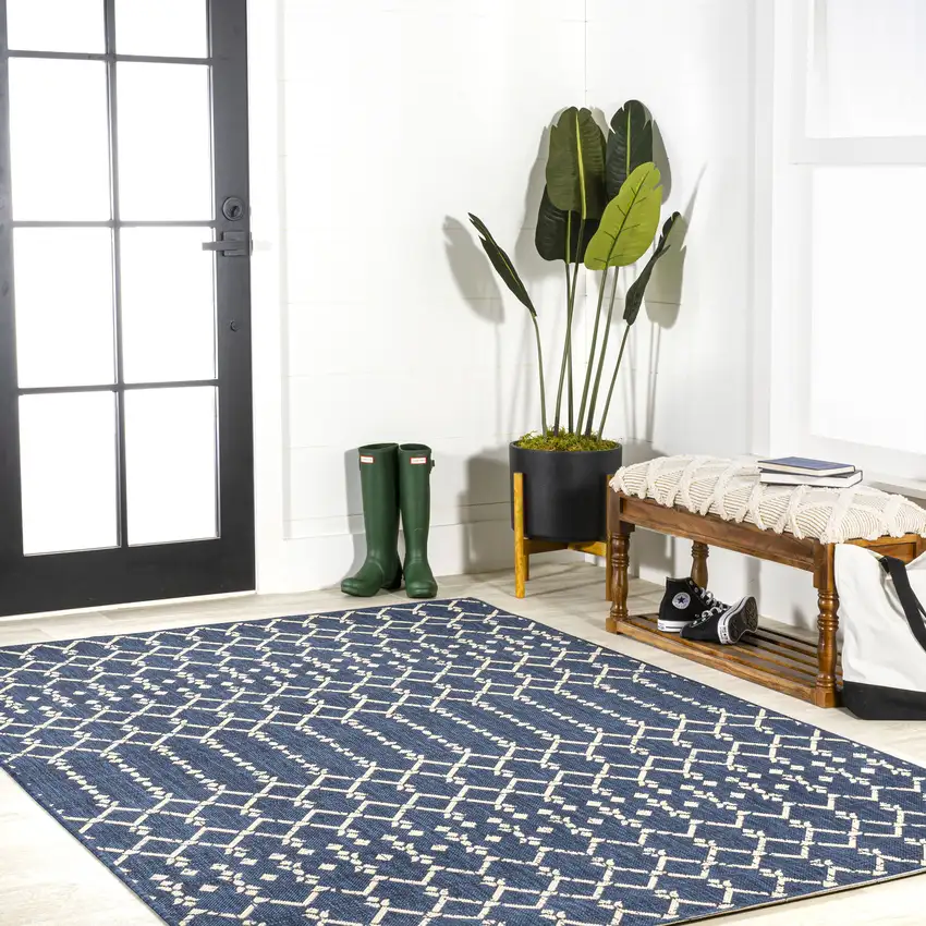 Navy Blue And Beige Trellis Indoor Outdoor Area Rug Photo 8