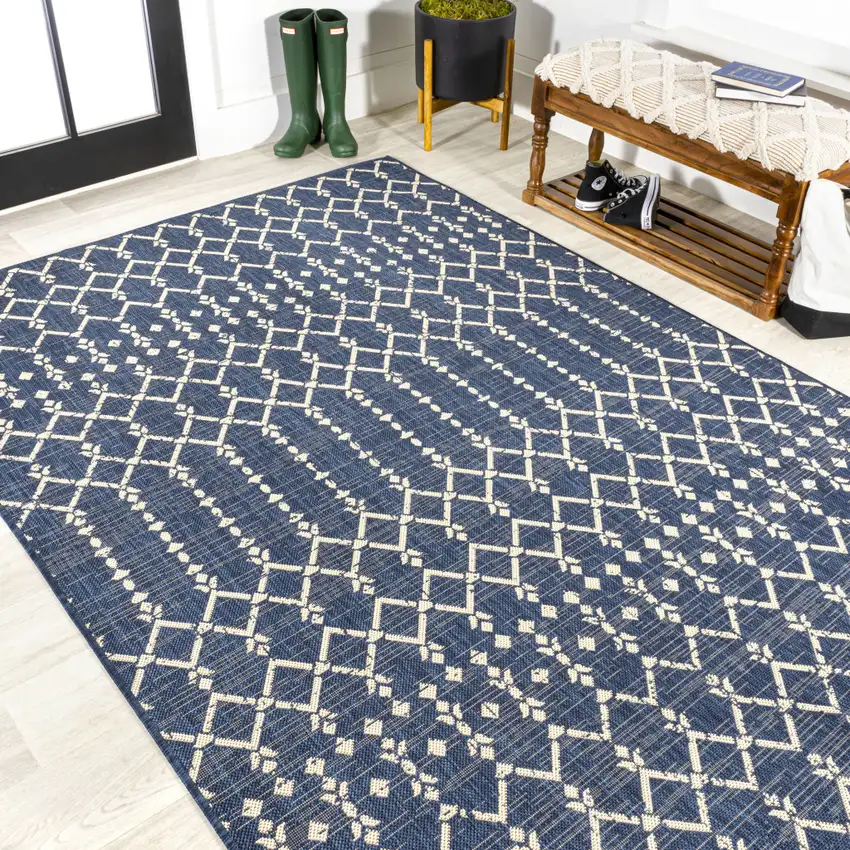 Navy Blue And Beige Trellis Indoor Outdoor Area Rug Photo 7