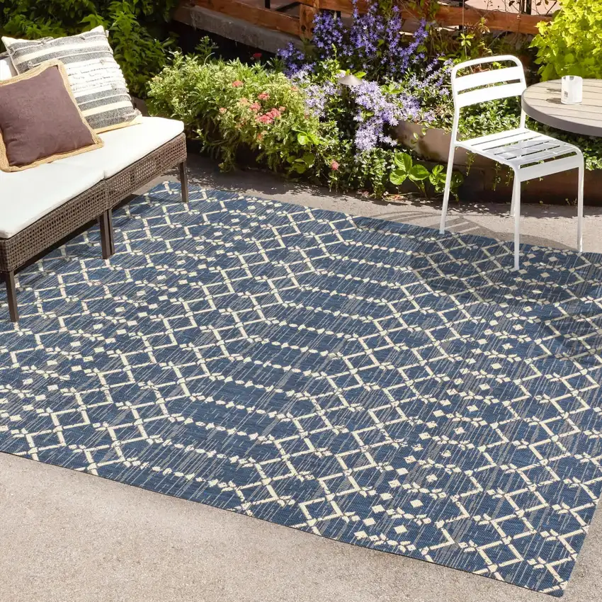 Navy Blue And Beige Trellis Indoor Outdoor Area Rug Photo 9