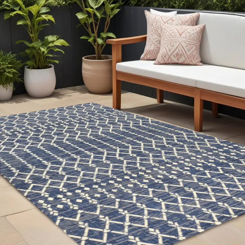 Navy Blue And Beige Trellis Indoor Outdoor Area Rug Photo 1