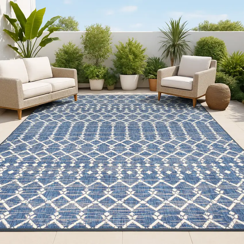 Navy Blue And Beige Trellis Indoor Outdoor Area Rug Photo 3