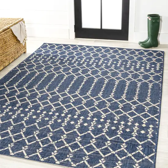 Navy Blue And Beige Trellis Indoor Outdoor Area Rug Photo 5