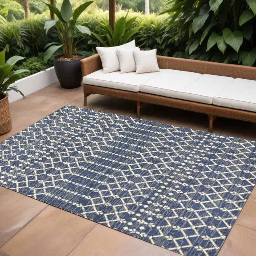 Navy Blue And Beige Trellis Indoor Outdoor Area Rug Photo 1
