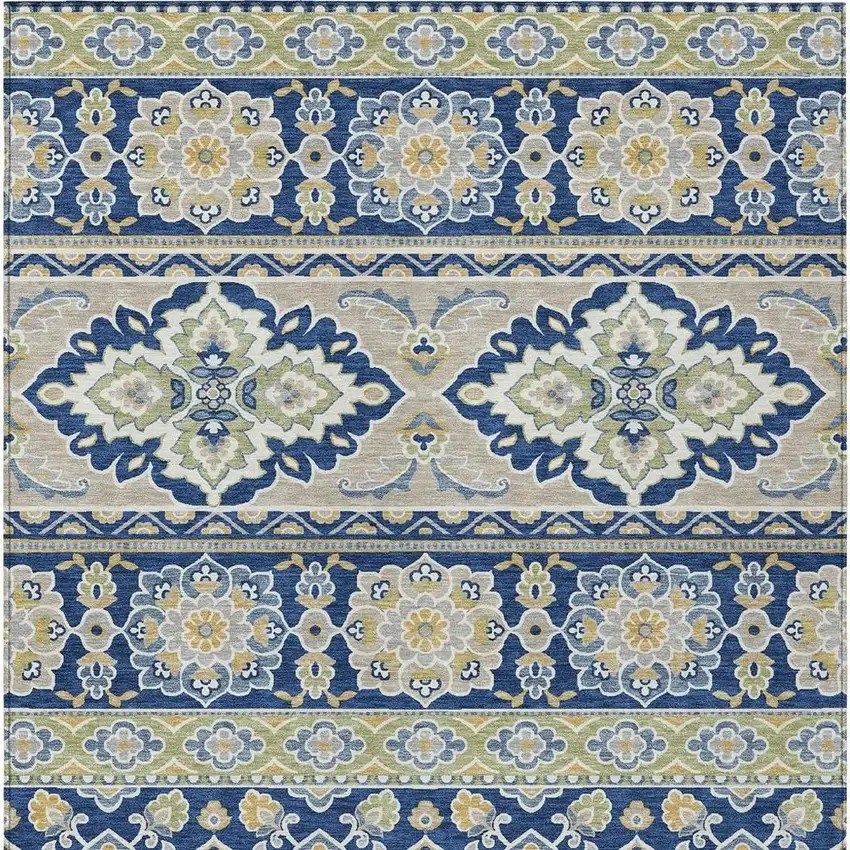 Navy Blue And Beige Tribal Washable Indoor Outdoor Area Rug Photo 5
