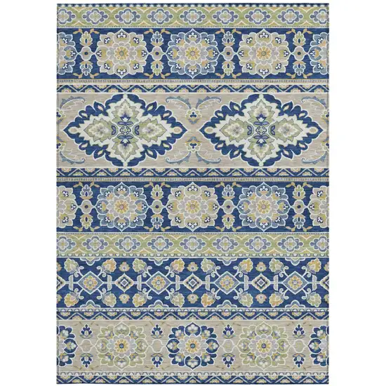 Navy Blue And Beige Tribal Washable Indoor Outdoor Area Rug Photo 3