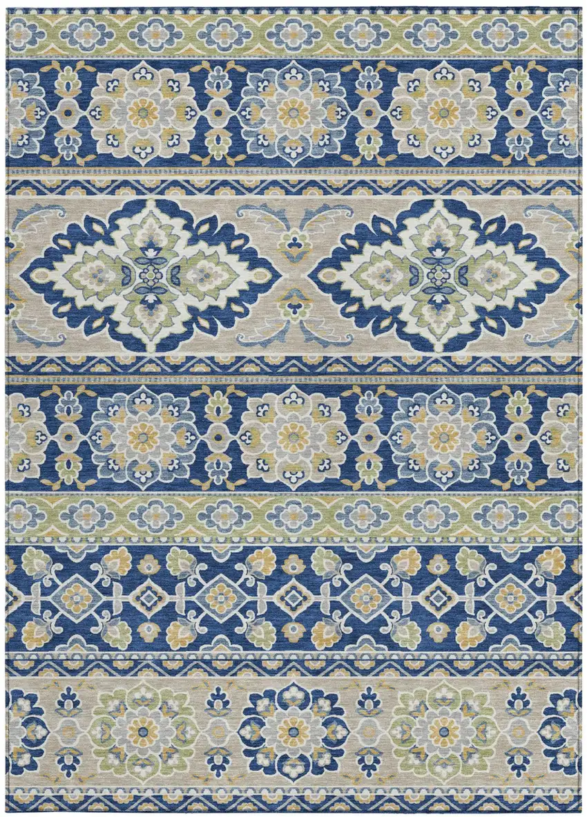 Navy Blue And Beige Tribal Washable Indoor Outdoor Area Rug Photo 3