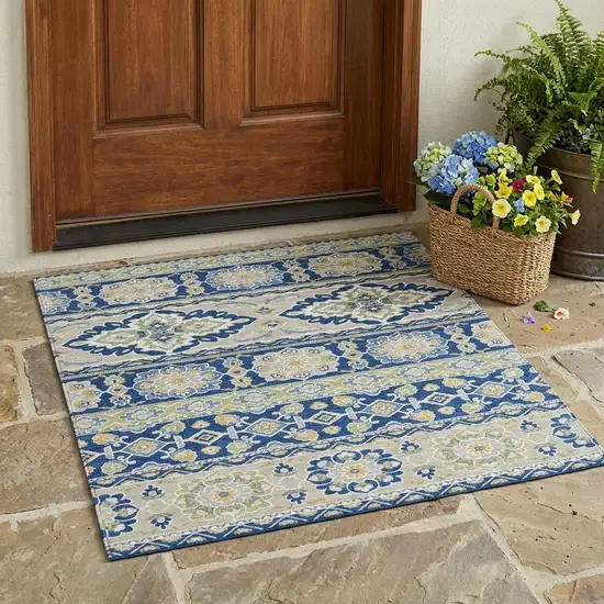 Navy Blue And Beige Tribal Washable Indoor Outdoor Area Rug Photo 1