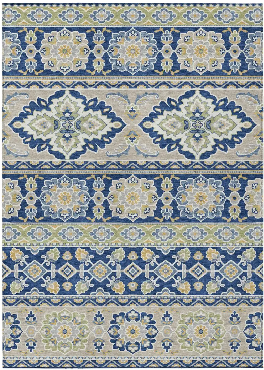 Navy Blue And Beige Tribal Washable Indoor Outdoor Area Rug Photo 2