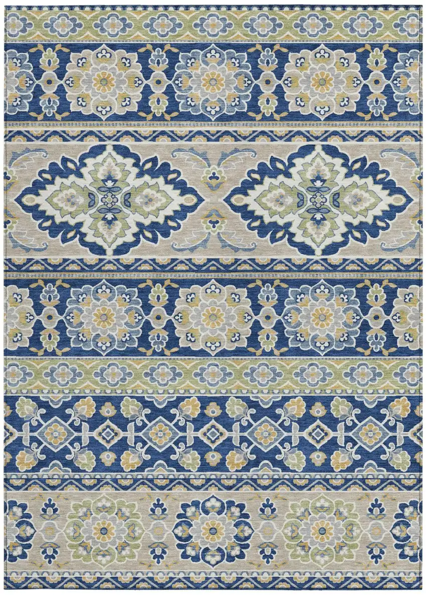 Navy Blue And Beige Tribal Washable Indoor Outdoor Area Rug Photo 4