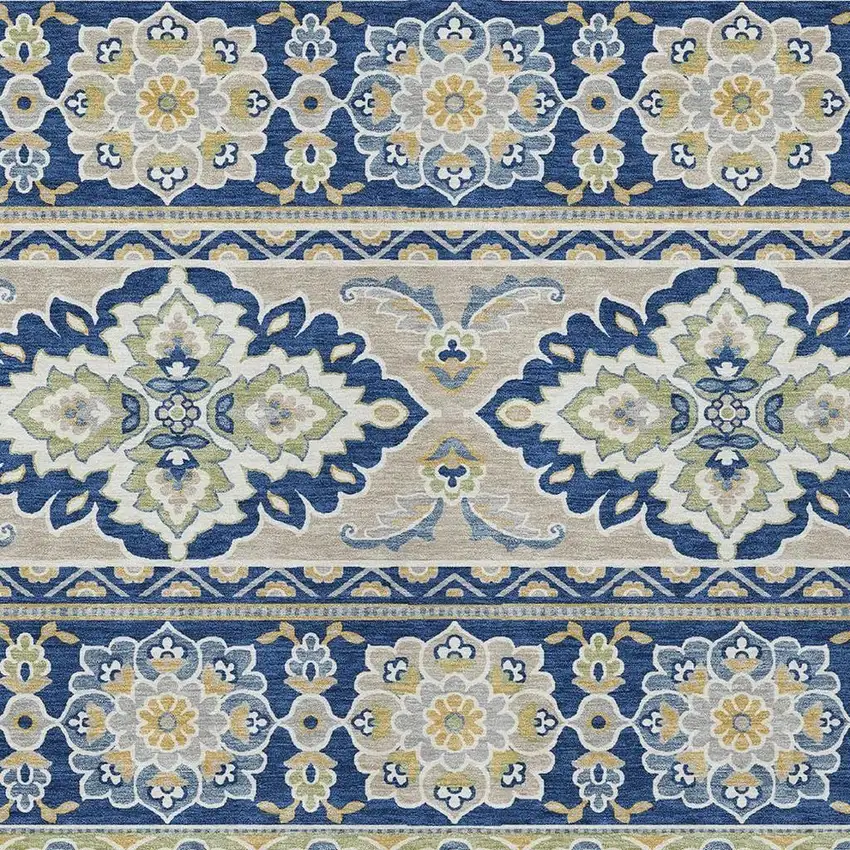 Navy Blue And Beige Tribal Washable Indoor Outdoor Area Rug Photo 3