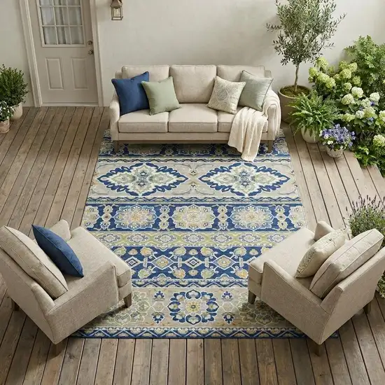Navy Blue And Beige Tribal Washable Indoor Outdoor Area Rug Photo 1