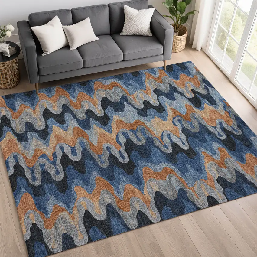 Navy Blue And Black Abstract Washable Indoor Outdoor Area Rug Photo 6