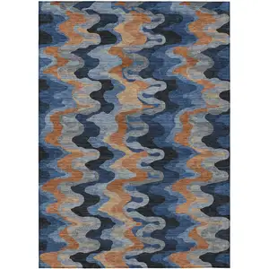 Photo of Navy Blue And Black Abstract Washable Indoor Outdoor Area Rug