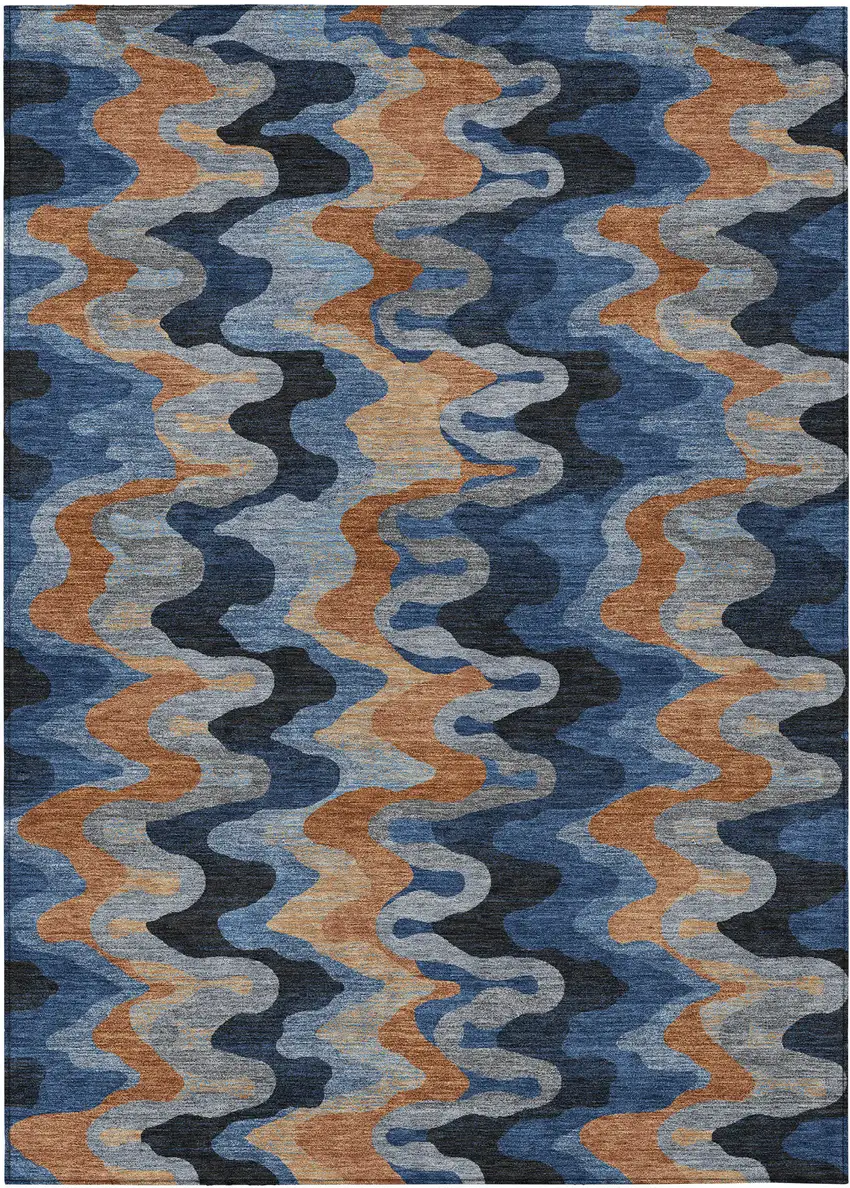 Navy Blue And Black Abstract Washable Indoor Outdoor Area Rug Photo 1
