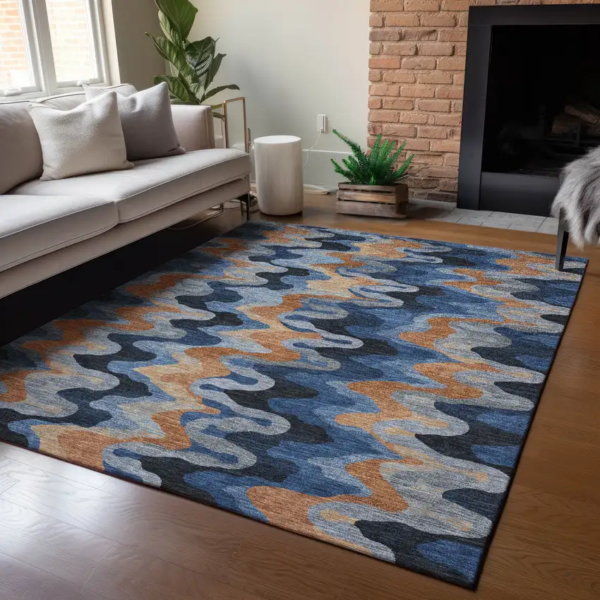 Navy Blue And Black Abstract Washable Indoor Outdoor Area Rug Photo 5