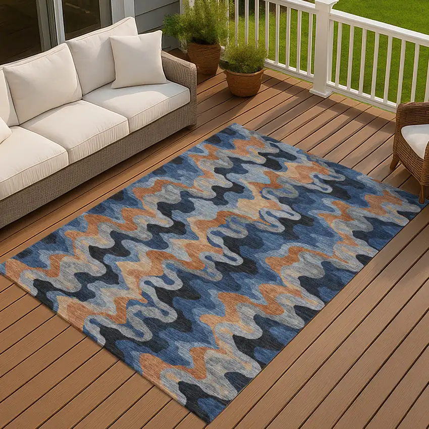Navy Blue And Black Abstract Washable Indoor Outdoor Area Rug Photo 7