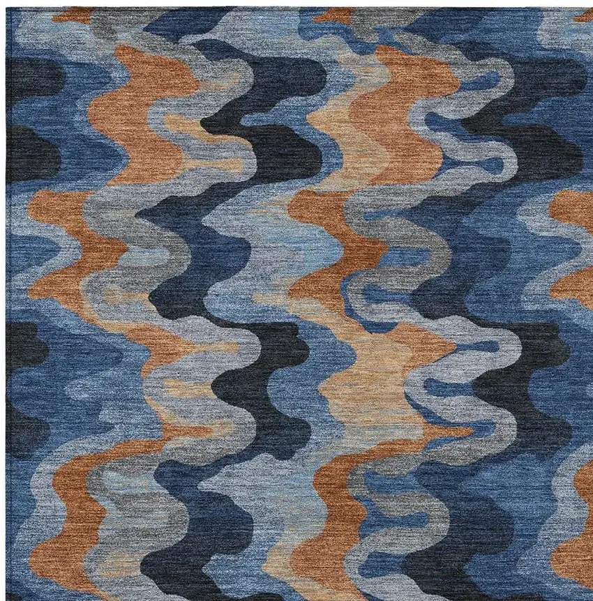 Navy Blue And Black Abstract Washable Indoor Outdoor Area Rug Photo 2