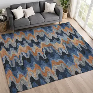 Photo of Navy Blue And Black Abstract Washable Indoor Outdoor Area Rug