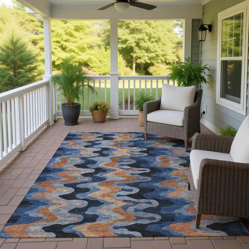 Navy Blue And Black Abstract Washable Indoor Outdoor Area Rug Photo 4