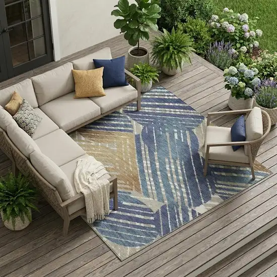 Navy Blue And Black Geometric Washable Indoor Outdoor Area Rug Photo 1
