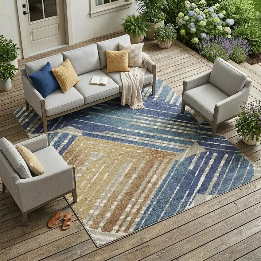 Navy Blue And Black Geometric Washable Indoor Outdoor Area Rug Photo 1