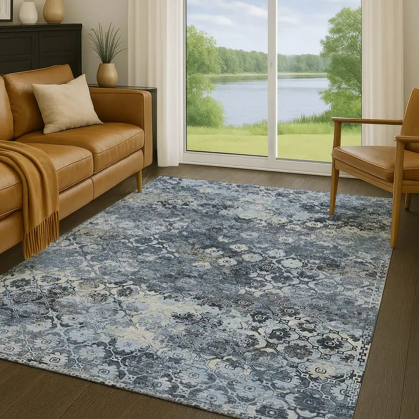 Navy Blue And Blue Abstract Washable Indoor Outdoor Area Rug Photo 5